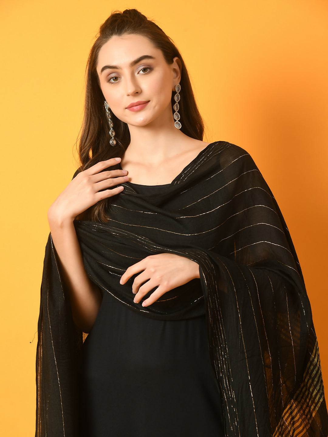 Myshka Women's Black Solid Anarkali Party Kurta Set With Dupatta