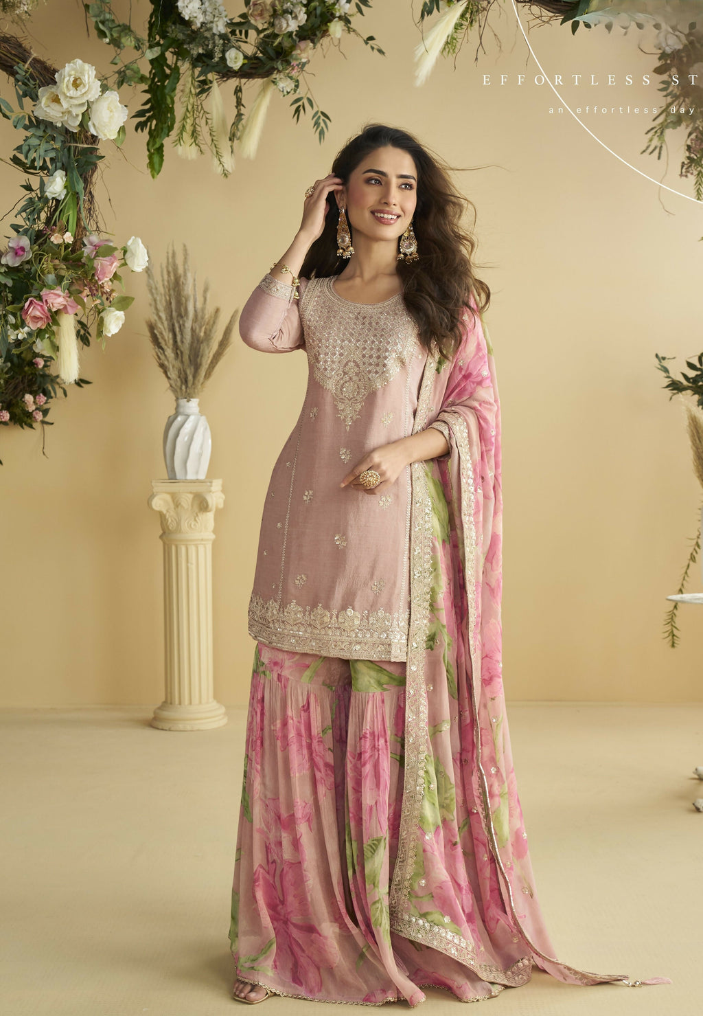 Anaita Pink Chinon Readymade Sharara Suit with Embroidery Sequence Work - Distacart