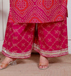 Miravan Plus Size Women'S Pink Bandhani Printed Straight Kurta With Palazzo & Dupatta - Distacart