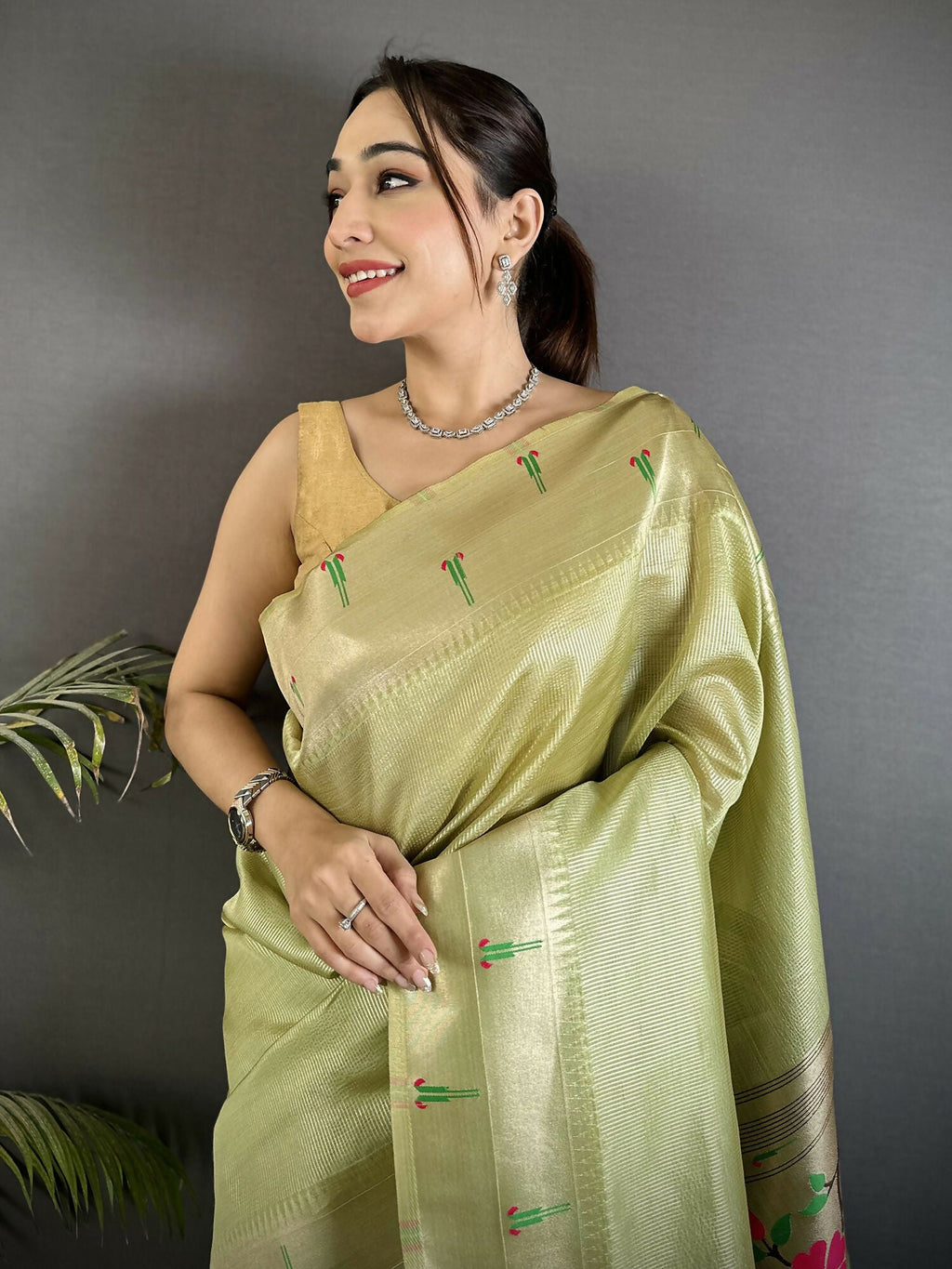 Joban Fashion Pista Green Peacock & Floral Motifs Tissue Paithani Saree