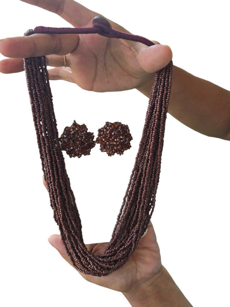 Inhanns Vibrant Handmade 20 Layers Beaded Necklace With Matching Earrings - Coffee Brown