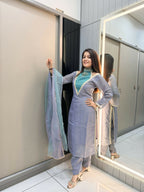 Anaita Blue Roman Shimmer Readymade Kurti Set with Designer Handwork - Distacart