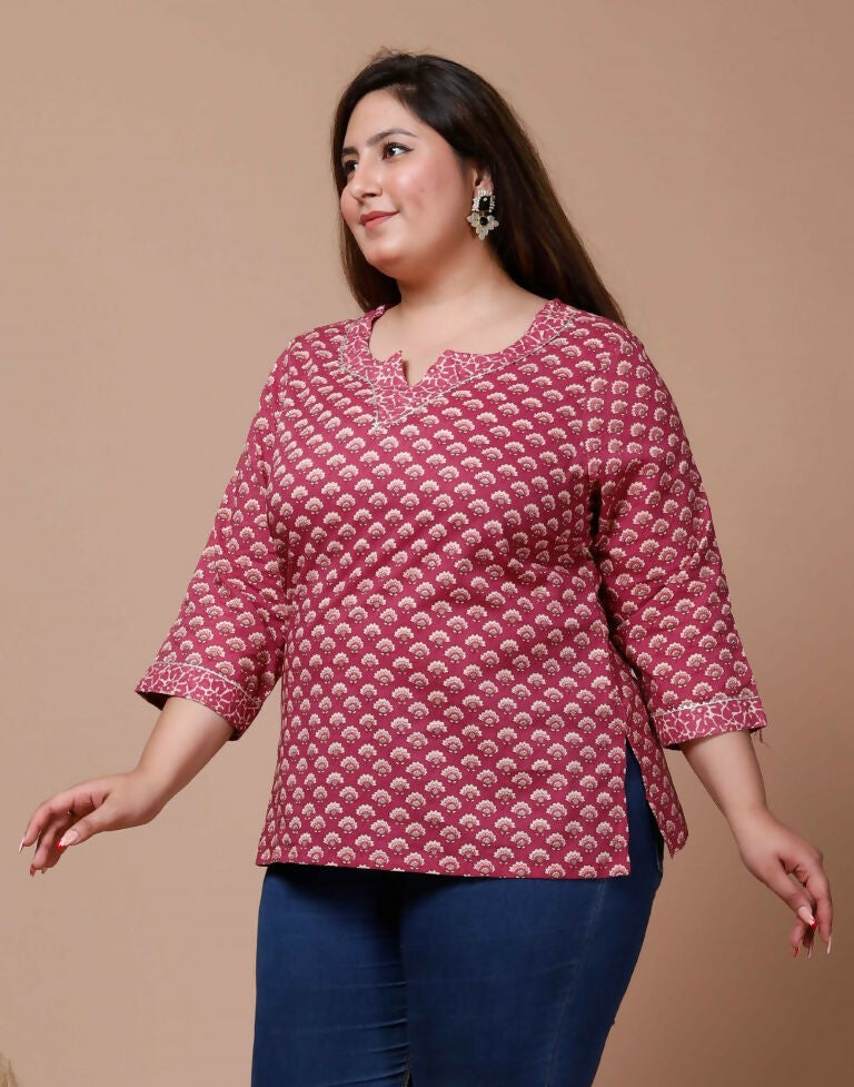 Miravan Women's Plus Size Pink Floral Printed Cotton Kurti