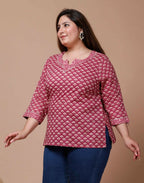 Miravan Women's Plus Size Pink Floral Printed Cotton Kurti
