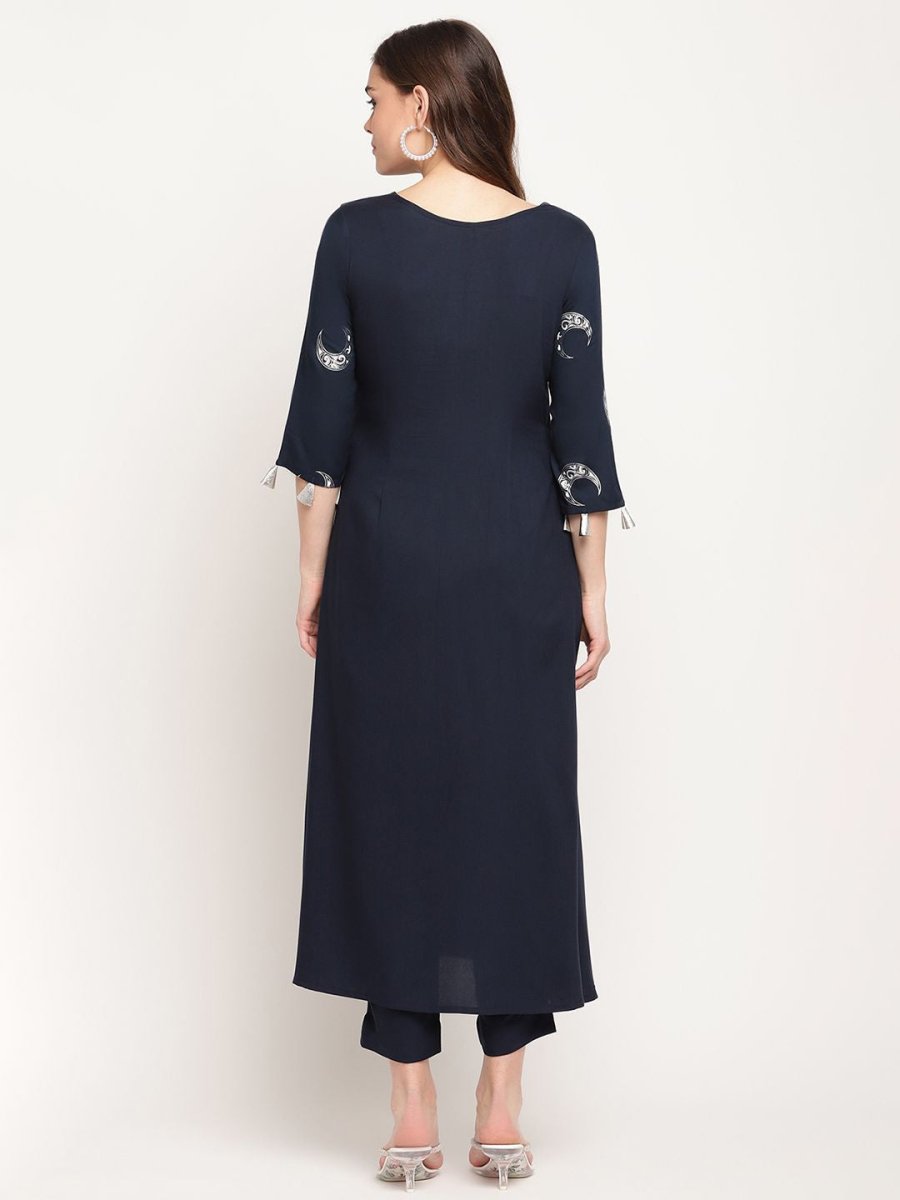 Ahalyaa Women's Navy Blue Rayon Foil & Khari Print Kurta Trouser Set