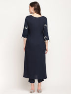 Ahalyaa Women's Navy Blue Rayon Foil & Khari Print Kurta Trouser Set