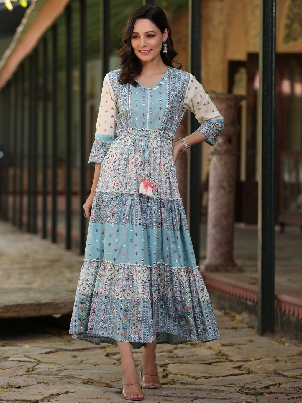 Juniper Women's Blue Cotton Cambric Geometric Printed Tiered Maxi Dress - Distacart