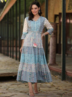 Juniper Women's Blue Cotton Cambric Geometric Printed Tiered Maxi Dress - Distacart