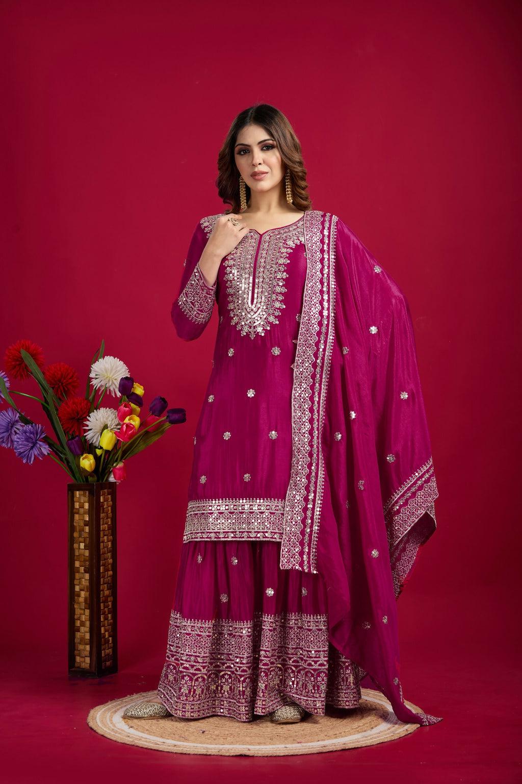 Joban Fashion Rani Kurta Set Silk Sequins , Zari, Coding & Thread Embroidered work - Distacart