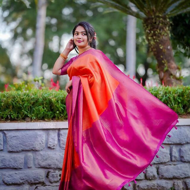 DEIANA'S Beautiful Designer Golden zari Soft Lichi Silk Saree - Orange