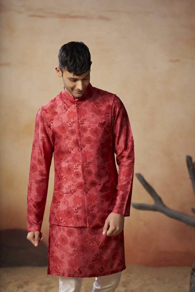 Floral Print Silk Nehru Jacket Set by Hilo Design