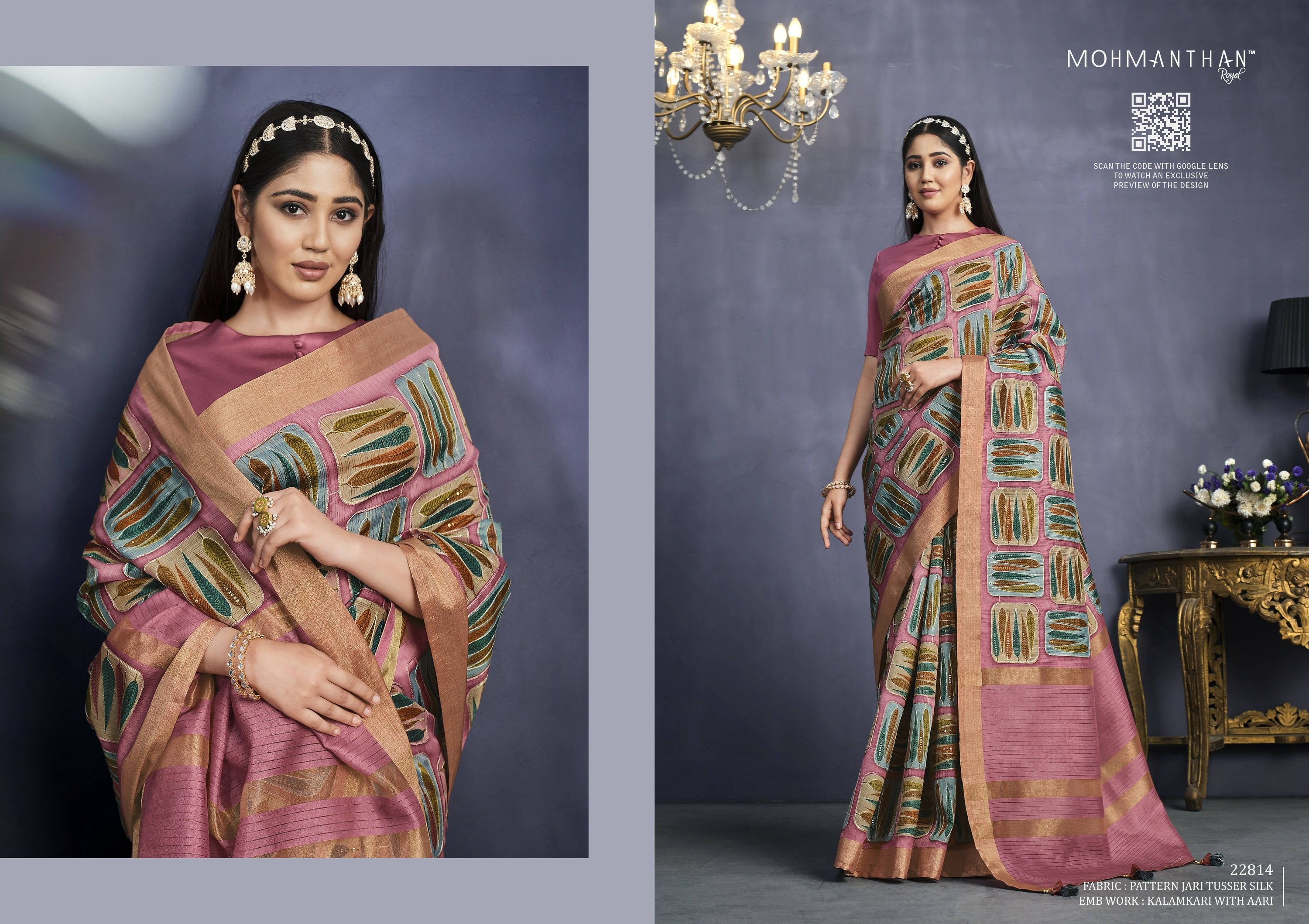 Pink Tusser Silk Floral Printed With Embroidered Work Saree With Unstitched Blouse - Mohmanthan Aahana