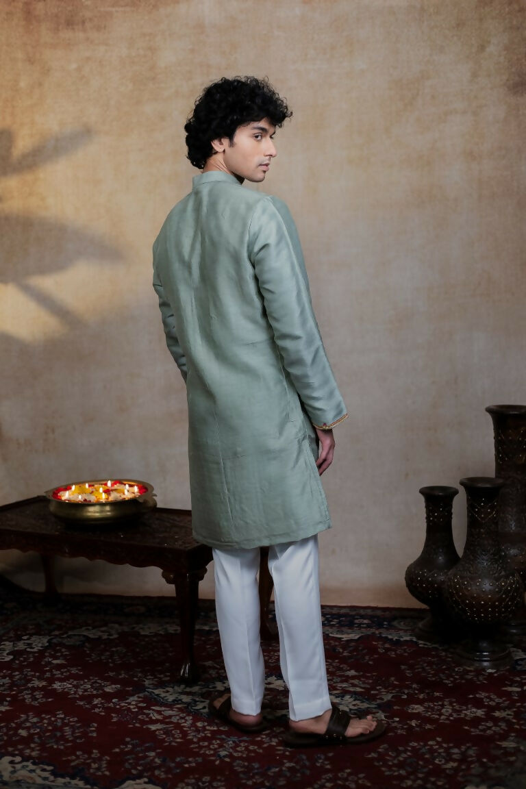 Falling Raw Silk Olive Green Kalika Kurta Set By Hilo Design