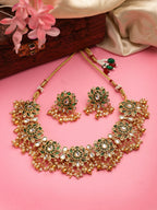 NVR Women's Gold-Polished Green Kundan- Studded & Beaded Handcrafted Temple Jewellery Set
