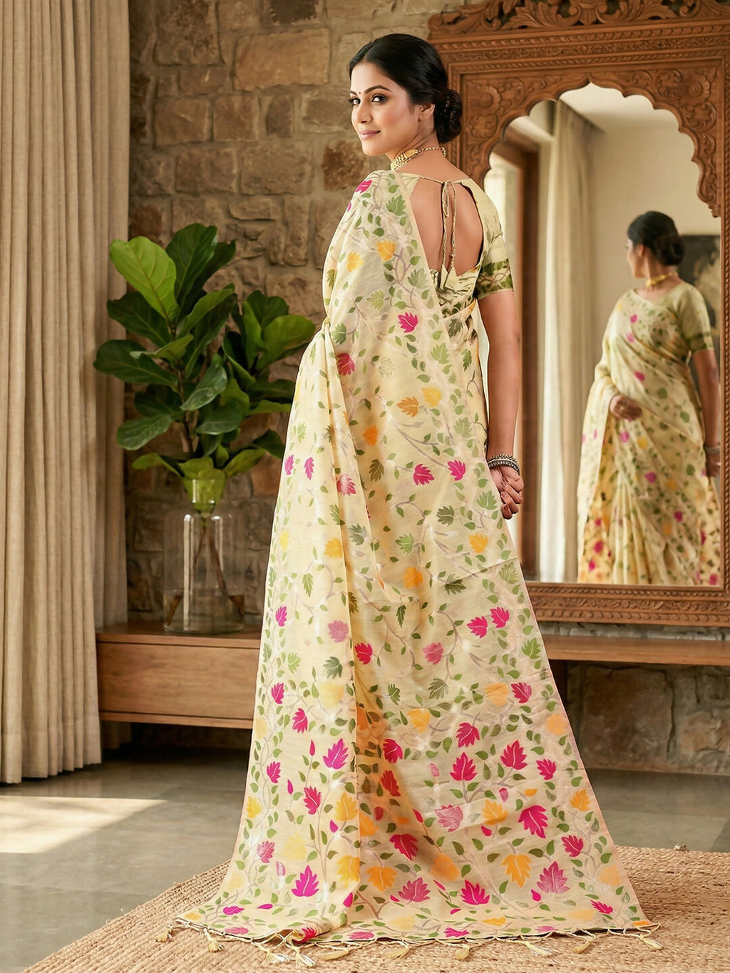 Shree Shyam Fashion Cream Linen Cotton Saree - Distacart