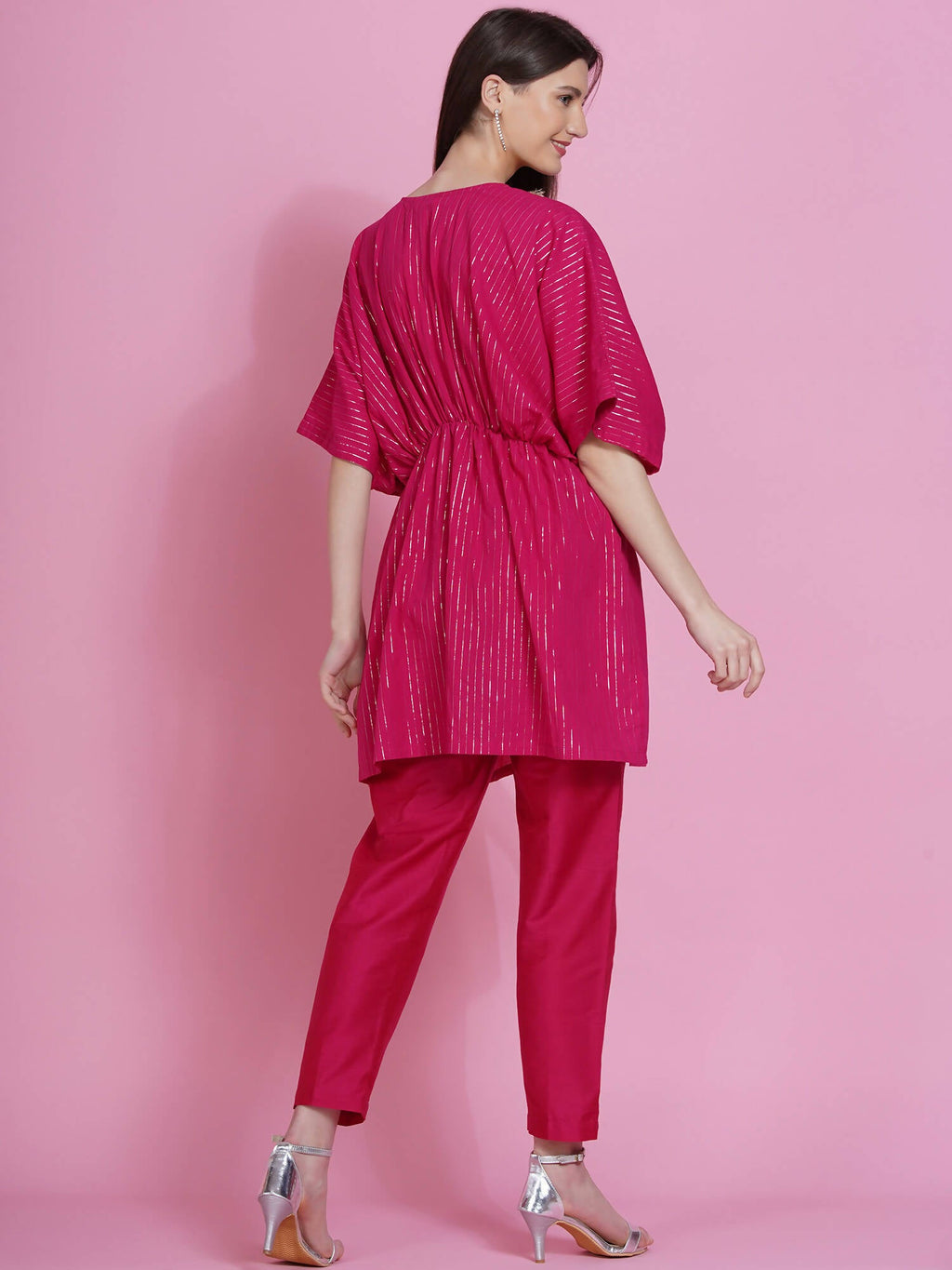 Women Republic Pink Lurex Cotton Kaftan Style Kurta With Pants - Distacart