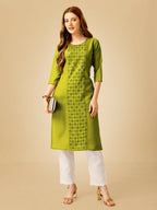 Jyoti Fashion Women's Green Cotton Blend Embroidered Kurta Pant Set