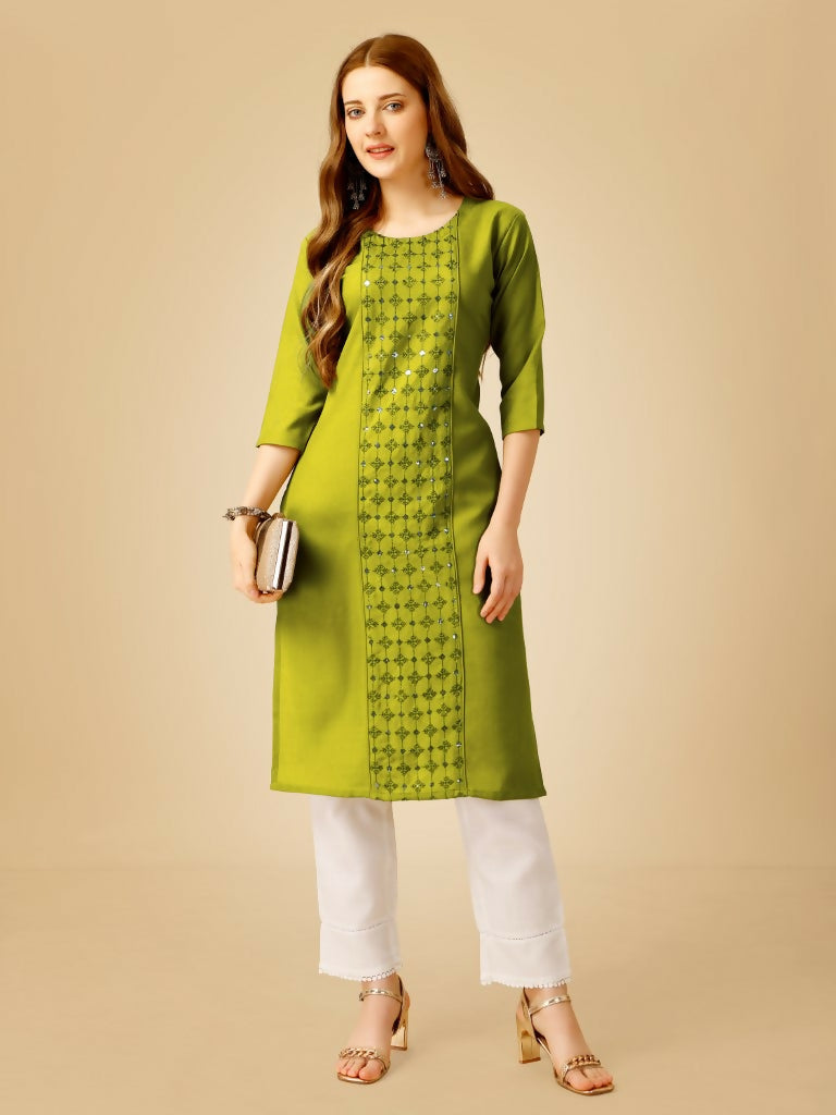 Jyoti Fashion Women's Green Cotton Blend Embroidered Kurta Pant Set