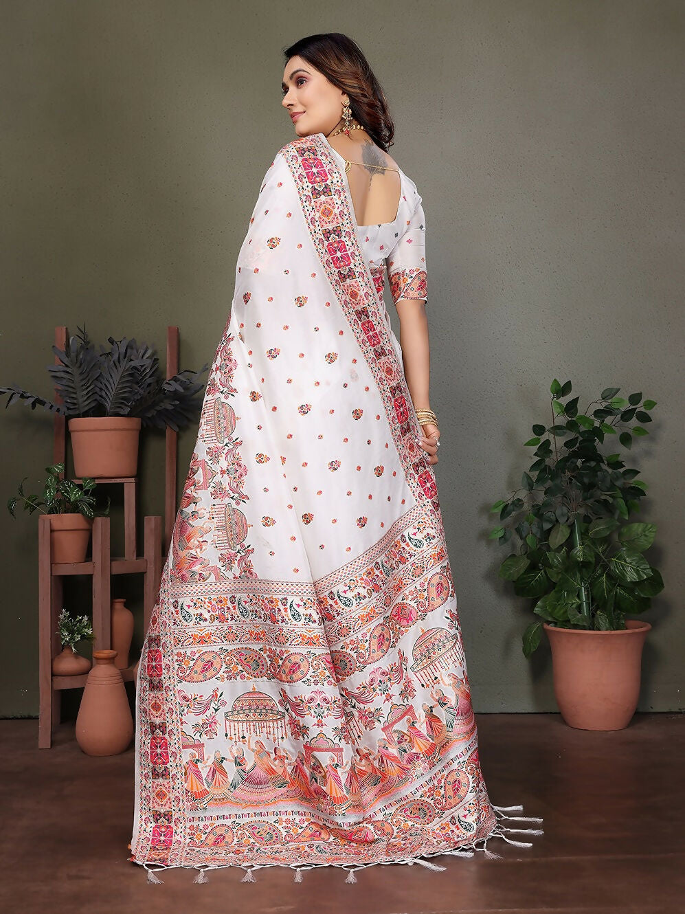 Joban Fashion White Thread Woven Pashmina Sarees