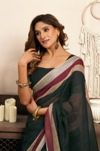 Joban Fashion  Black Solid Linen Ready To Wear Saree With Unstitched Blouse - Distacart