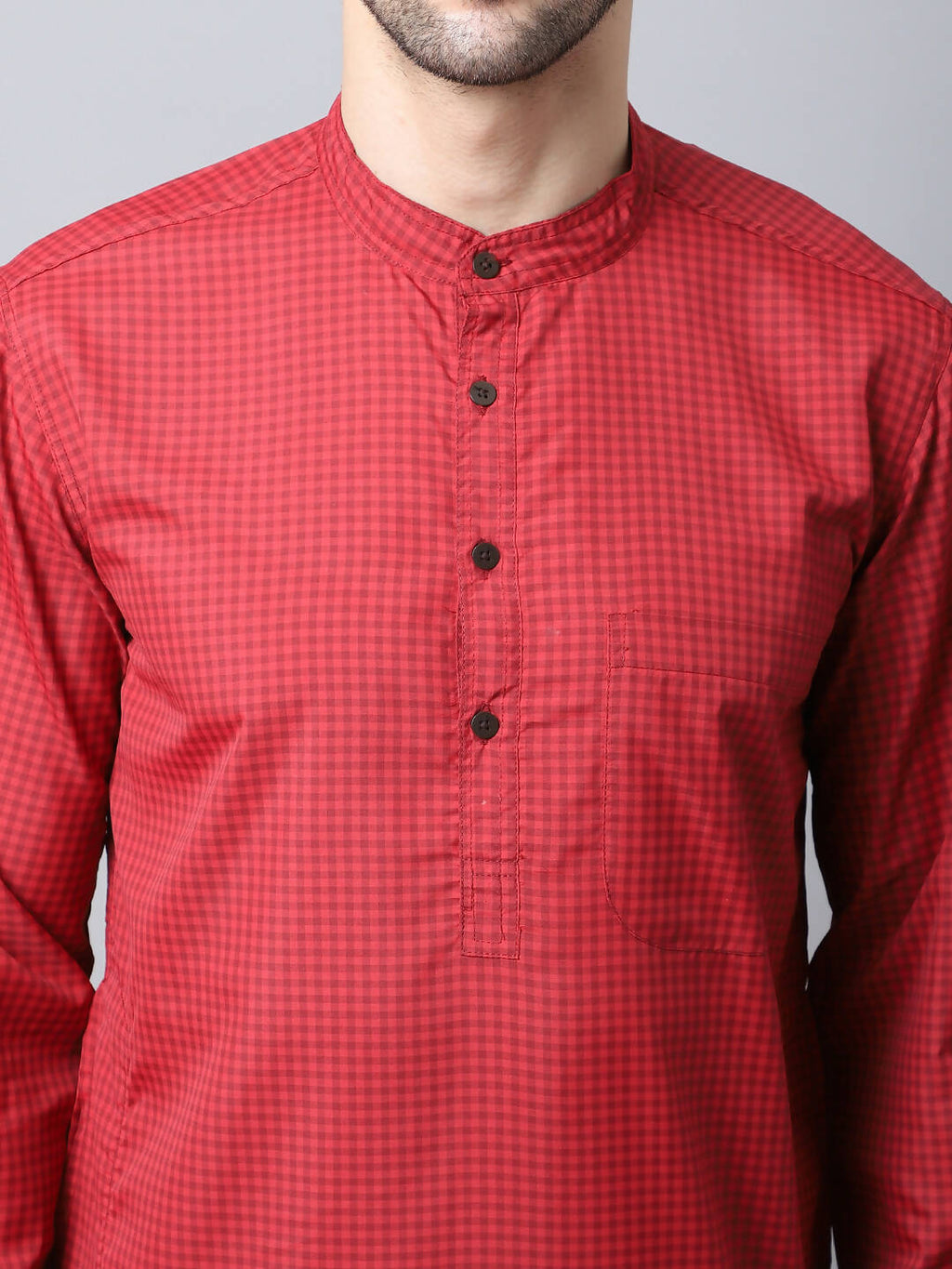 Even Apparels Maroon Cotton Checked Men's Kurta With Band Collar - Distacart
