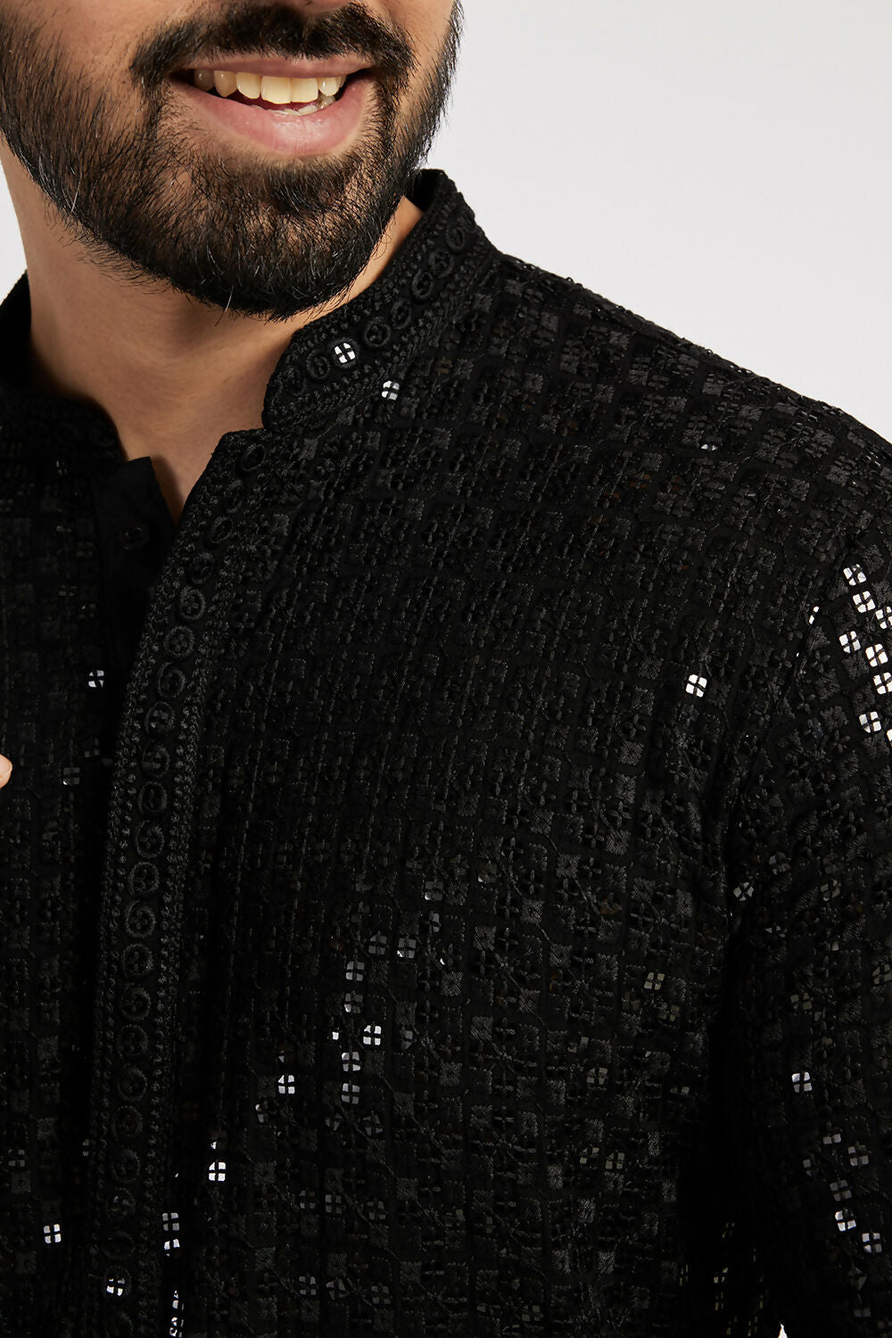 Ethnic India Black Men's Kurta Embellished Viscose Rayon