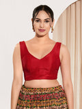 Joban Fashion Red Mulberry Silk Padded Blouse With Round Neck Sleeveless - Distacart