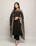 FIORRA Women's Black Creap A-Line Kurta Pant With Dupatta