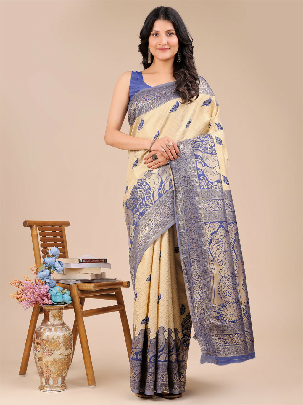 Shree Shyam Fashion Banarasi Silk Cream & Navy Blue Saree - Distacart