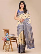 Shree Shyam Fashion Banarasi Silk Cream & Navy Blue Saree - Distacart
