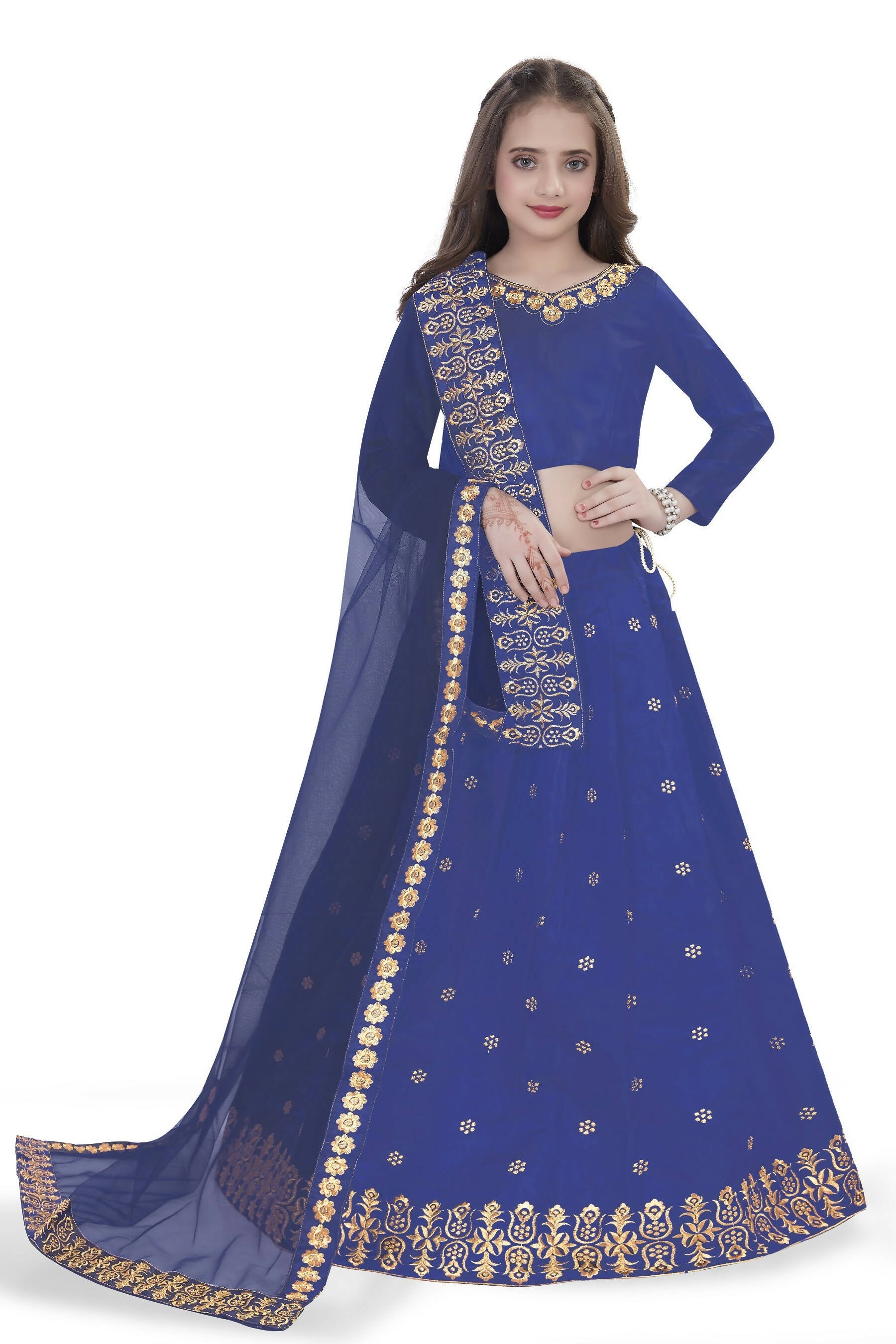 Dwiden Royal Blue Queen Tafetta Sattin Semi-Stitched Girl's Lehenga Choli