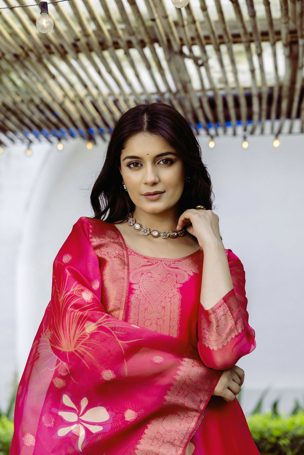 The52 Women's Beautiful Printed Work Jacquard Organza Fabric Straight Kurta Pant and Dupatta Set - Distacart