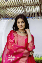 The52 Women's Beautiful Printed Work Jacquard Organza Fabric Straight Kurta Pant and Dupatta Set - Distacart