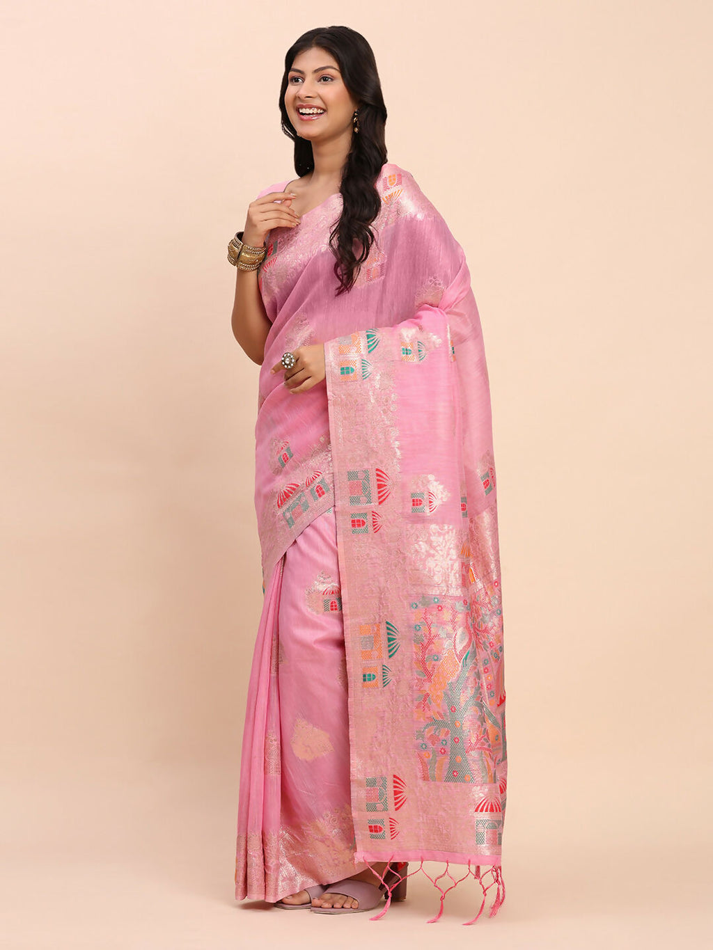 Shree Shyam Fashion Linen Cotton Pink Saree - Distacart