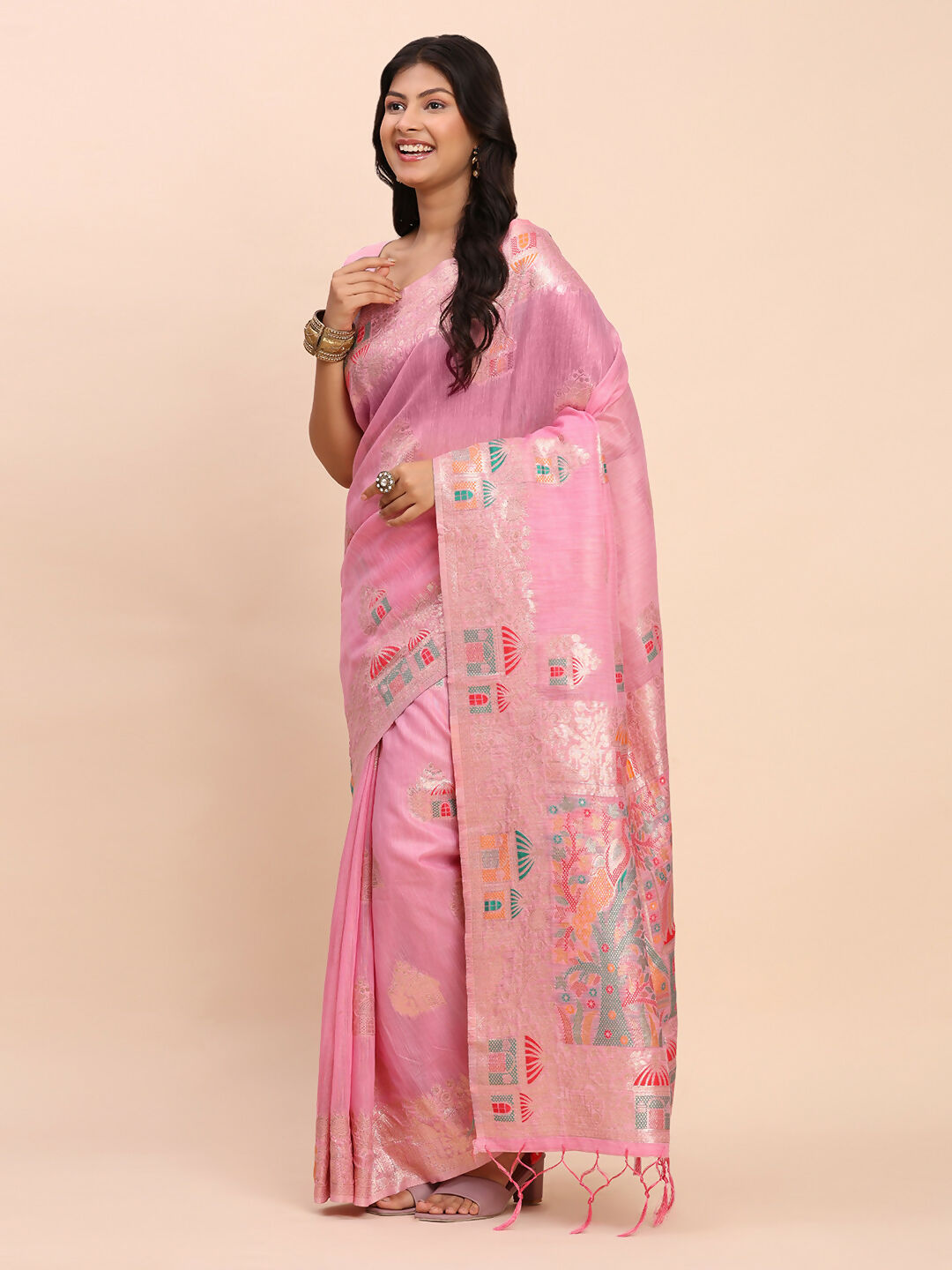 Shree Shyam Fashion Linen Cotton Pink Saree - Distacart