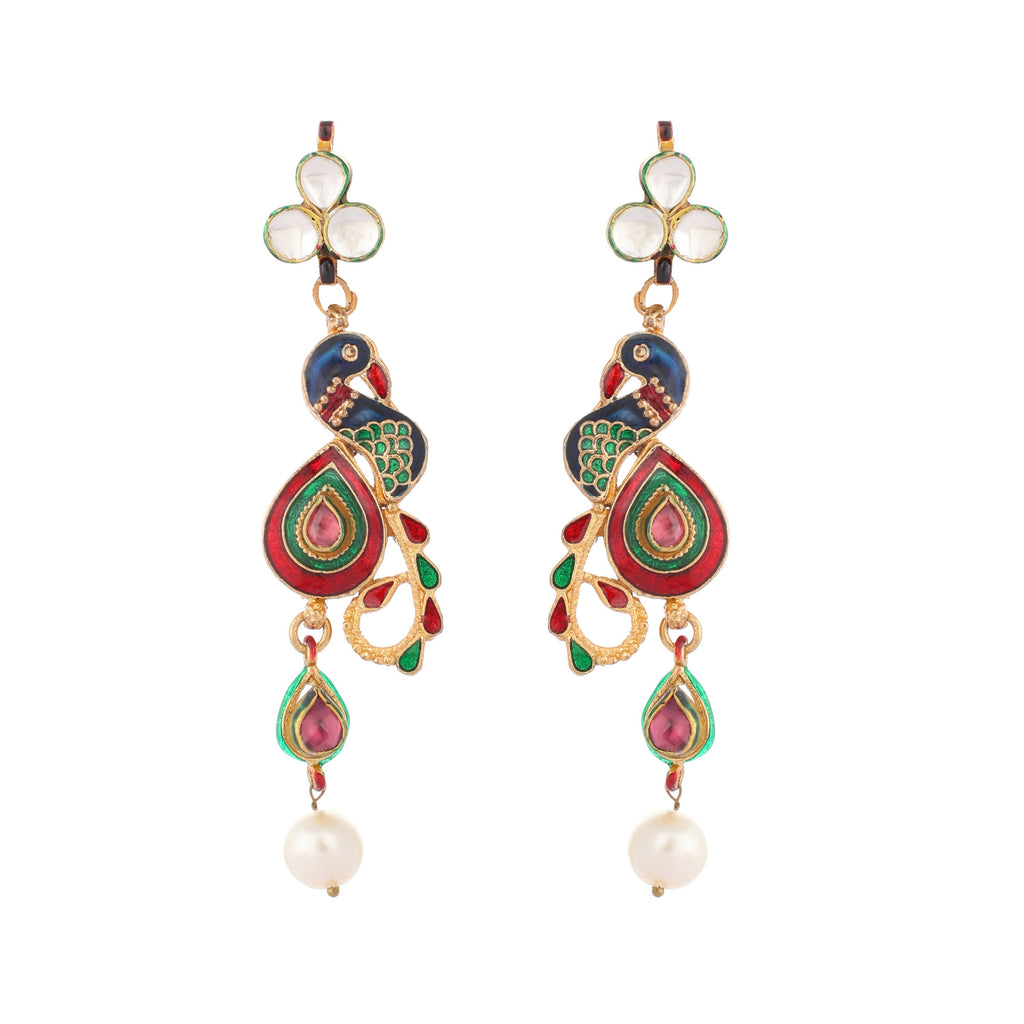 Nuyug 22K Gold Plated Pearl Drop Kundan Studded Ethnic Peacock Shaped Drop Earrings - Distacart