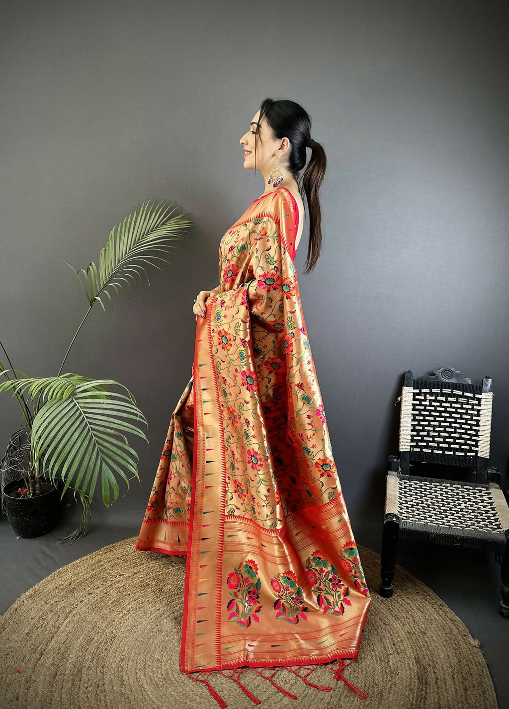 Joban Fashion Light Orange Floral  & Peacock Motifs Soft Silk Paithani Saree - Distacart