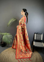 Joban Fashion Light Orange Floral  & Peacock Motifs Soft Silk Paithani Saree - Distacart