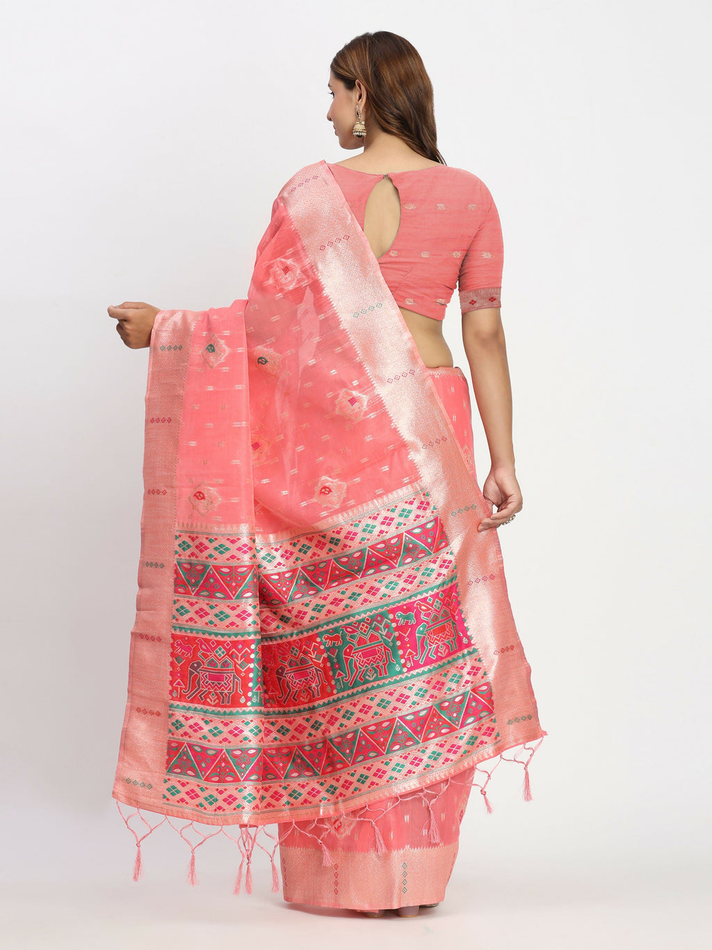 Shree Shyam Fashion Linen Cotton Peach Saree - Distacart