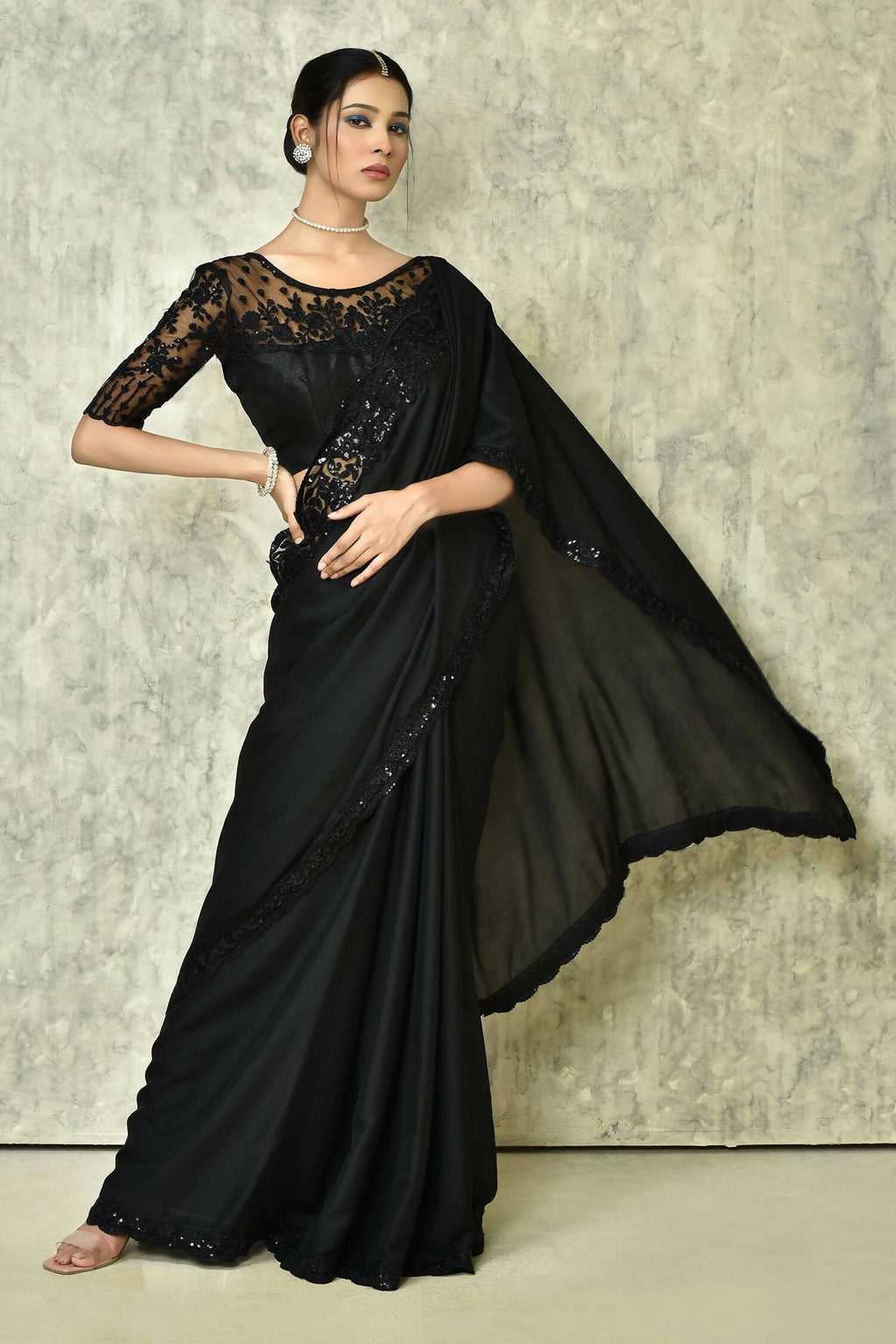 Black Silk Plain Saree with Blouse Piece - Purvi