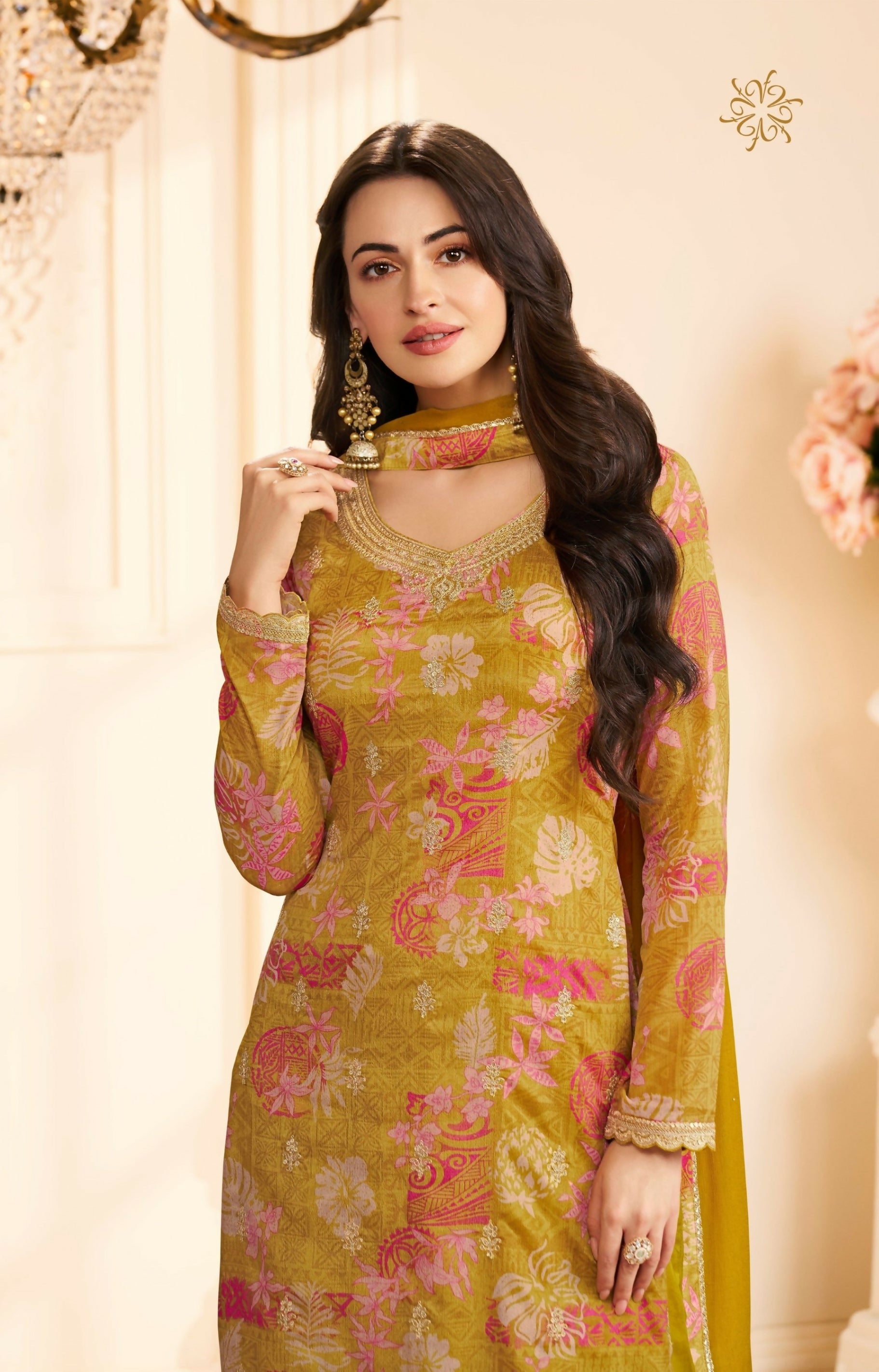 Anaita Mustard Chinon Stitched Suit with Multi Digital Print - Distacart