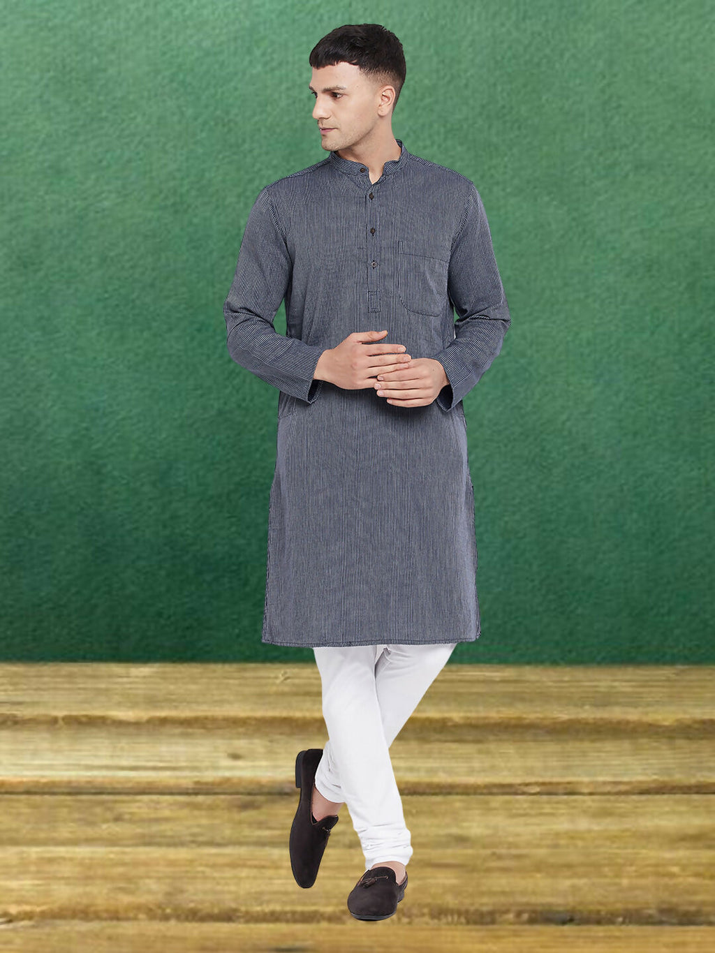 Even Apparels Men's Pure Cotton Grey Striped Kurta