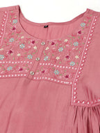 Pink Chinon Yoke Embroidered A-line Top - Tarini