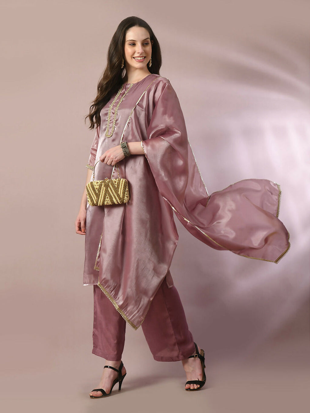Myshka Women's Brown Solid Straight Party Kurta Set With Dupatta