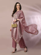 Myshka Women's Brown Solid Straight Party Kurta Set With Dupatta