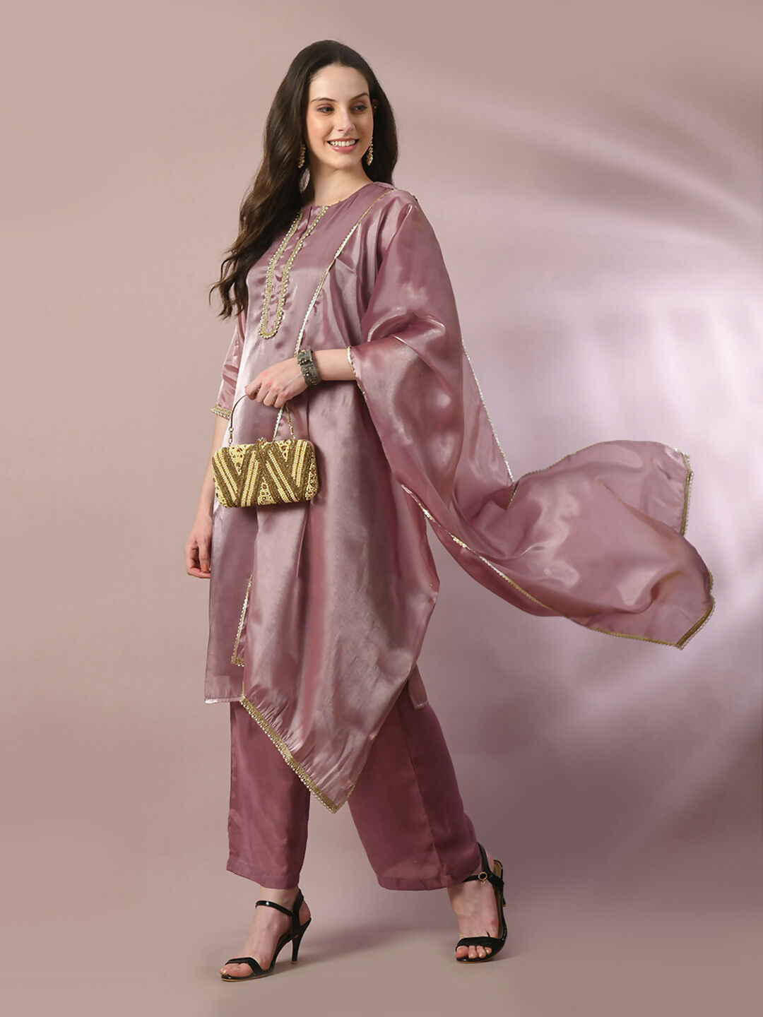 Myshka Women's Brown Solid Straight Party Kurta Set With Dupatta