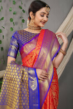 Jyoti Fashion Women's Red Kanjivaram Silk Zari Woven Saree with Blouse