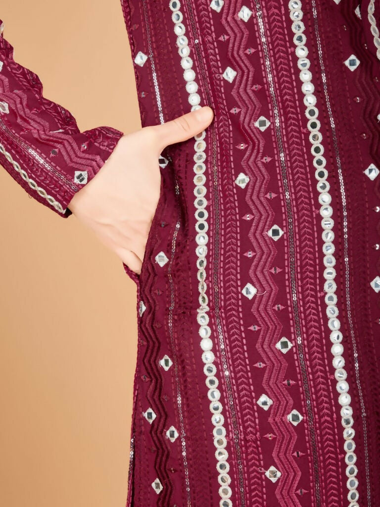 Vastranavya Maroon Exclusive Festival Wear Pure Viscose Rayon Sequence & Foil Mirror Heavy Embroidered Work Kurta