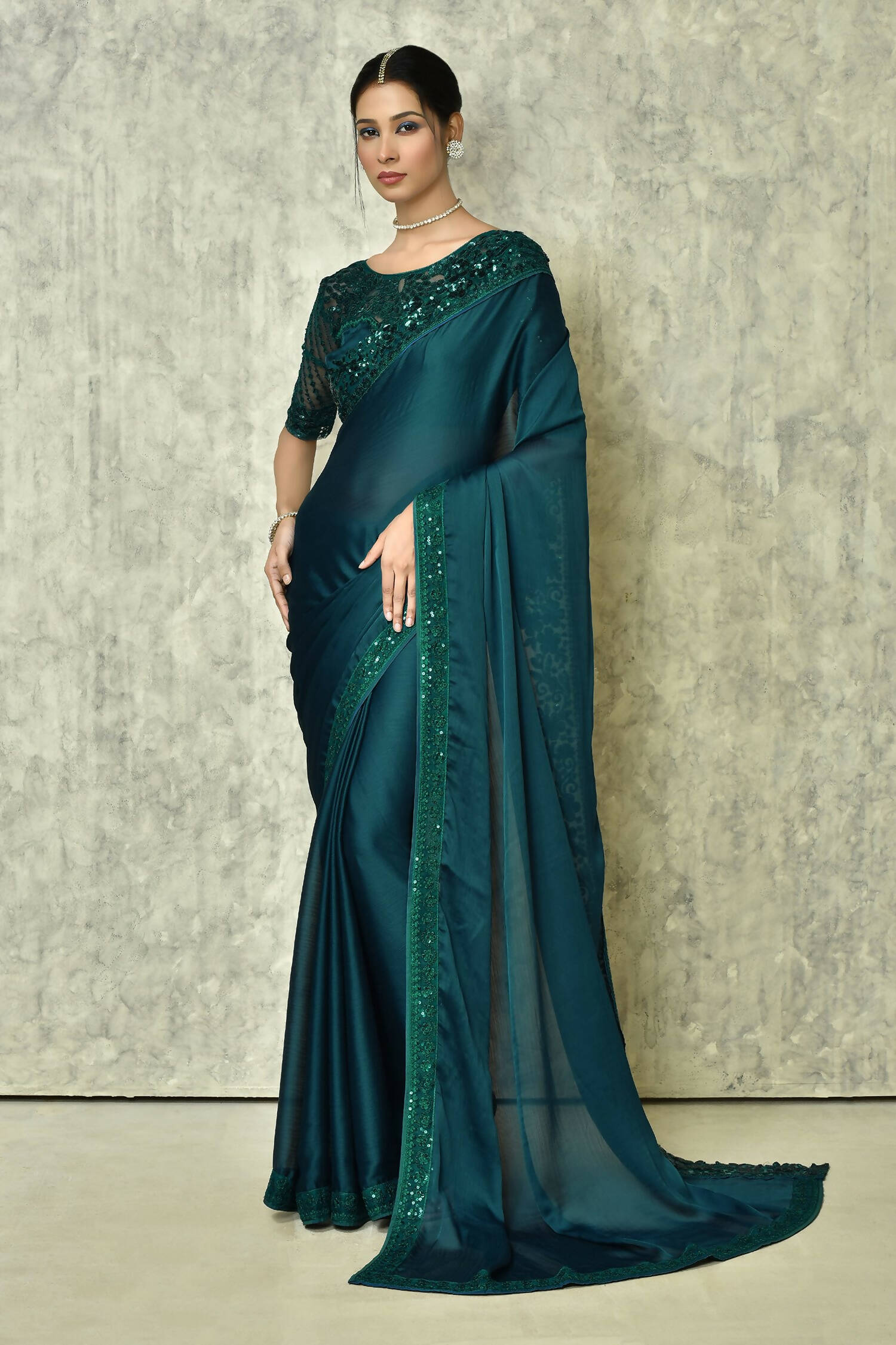Teal Silk Solid Designer Saree with Blouse - Purvi