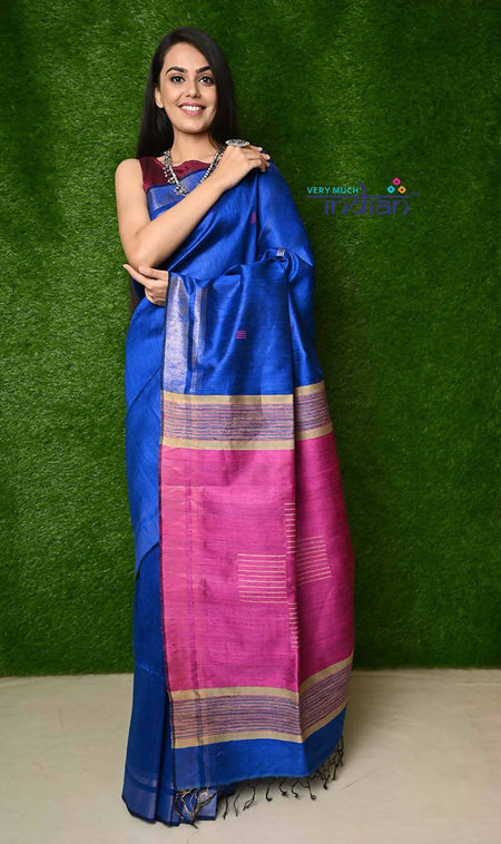 Very Much Indian Handwoven Raw Silk Dupion Saree - Cobalt Blue With Purple Pallu